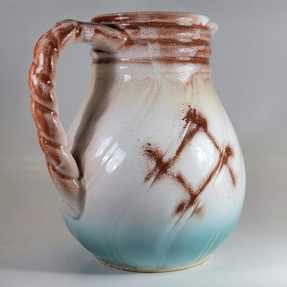 Small Pitcher Vase Japanese Hand Painted Rope Design White Glossy Glaze 6" Tall - Picture 4 of 8